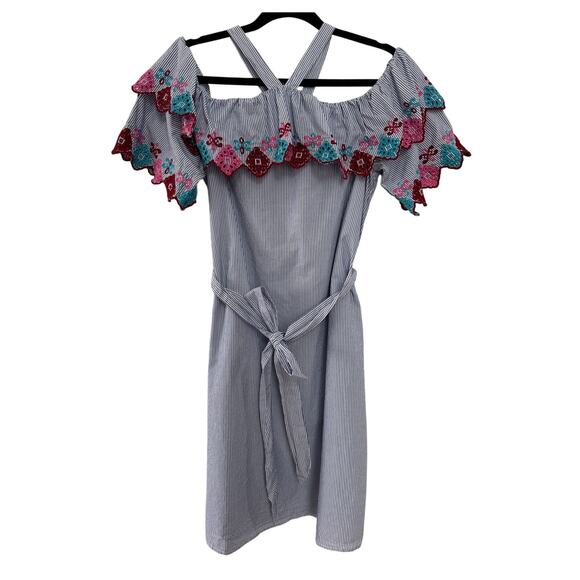 Loft ruffled embroidery off shoulder blue white stiped fiesta halter dress small - Picture 3 of 12